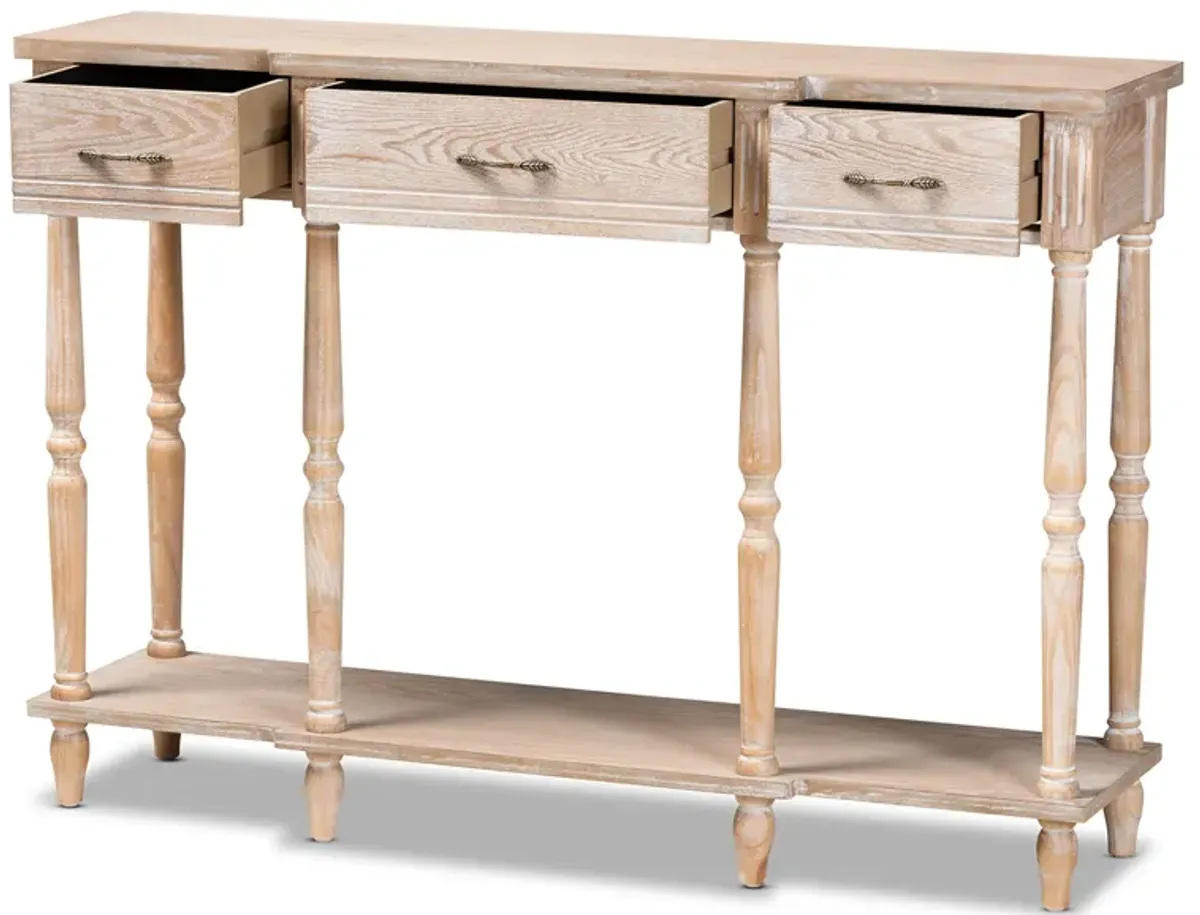 Baxton Studio Hallan Whitewashed Oak Brown Finished Wood 3 Drawer Console Table