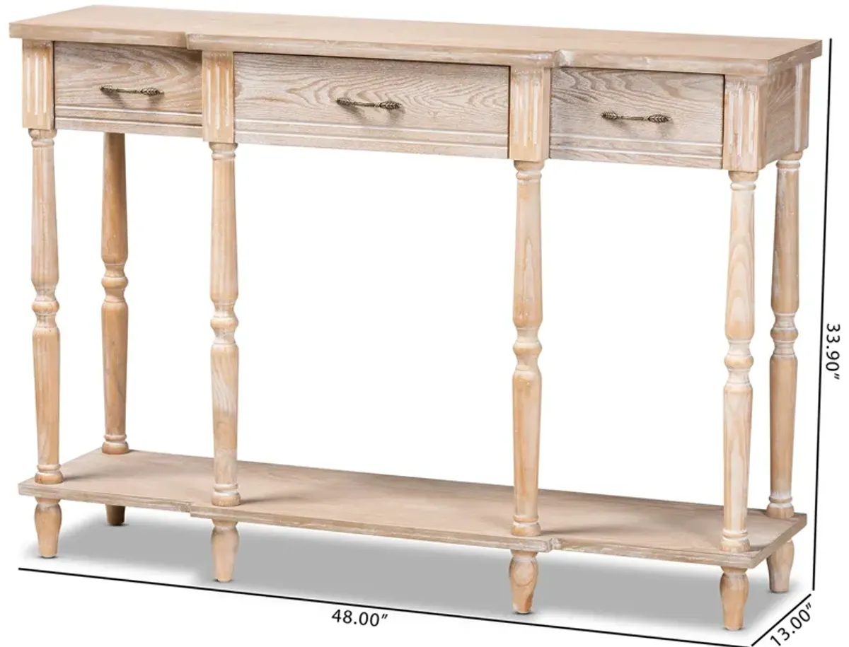 Baxton Studio Hallan Whitewashed Oak Brown Finished Wood 3 Drawer Console Table