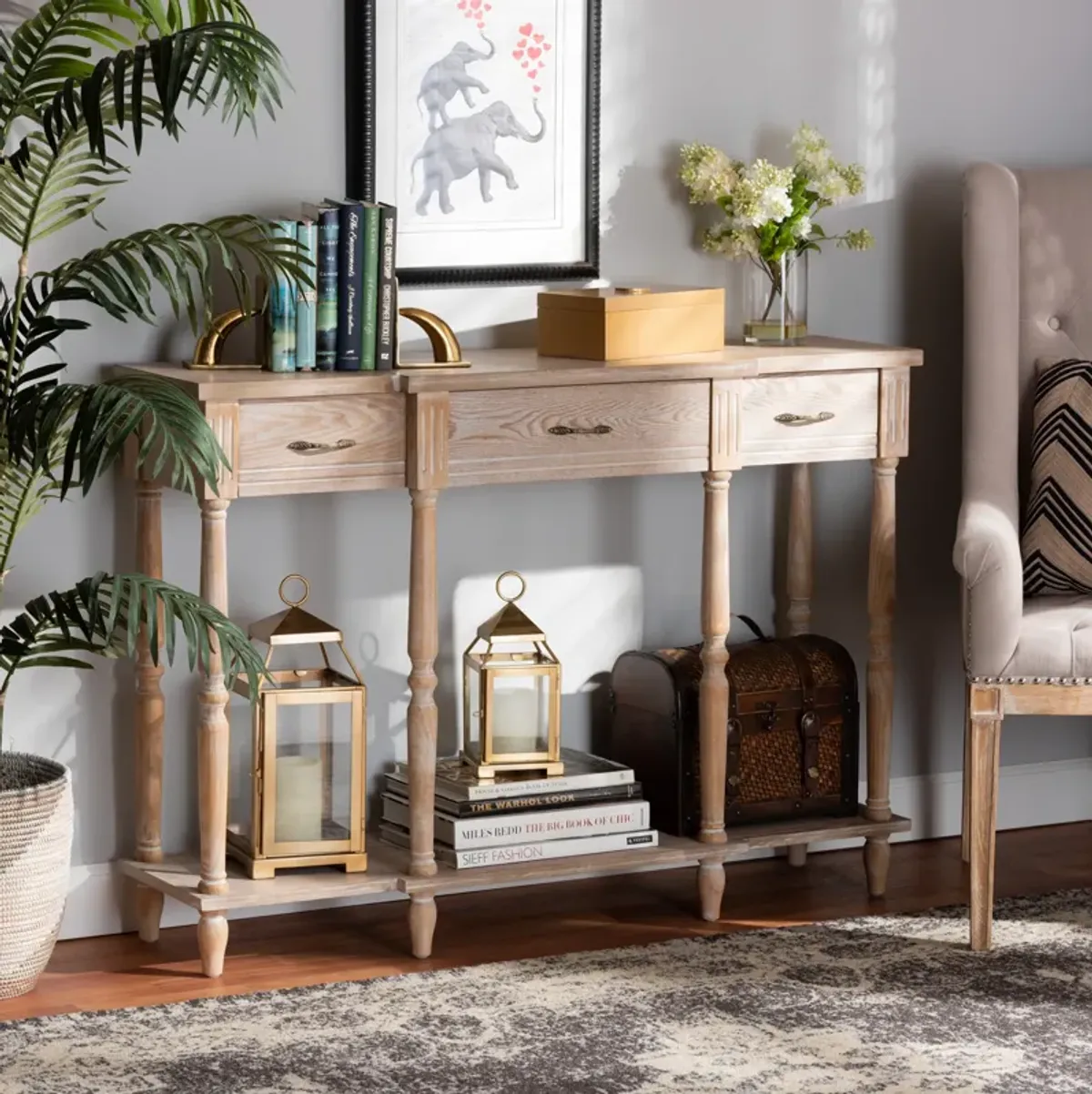 Baxton Studio Hallan Whitewashed Oak Brown Finished Wood 3 Drawer Console Table