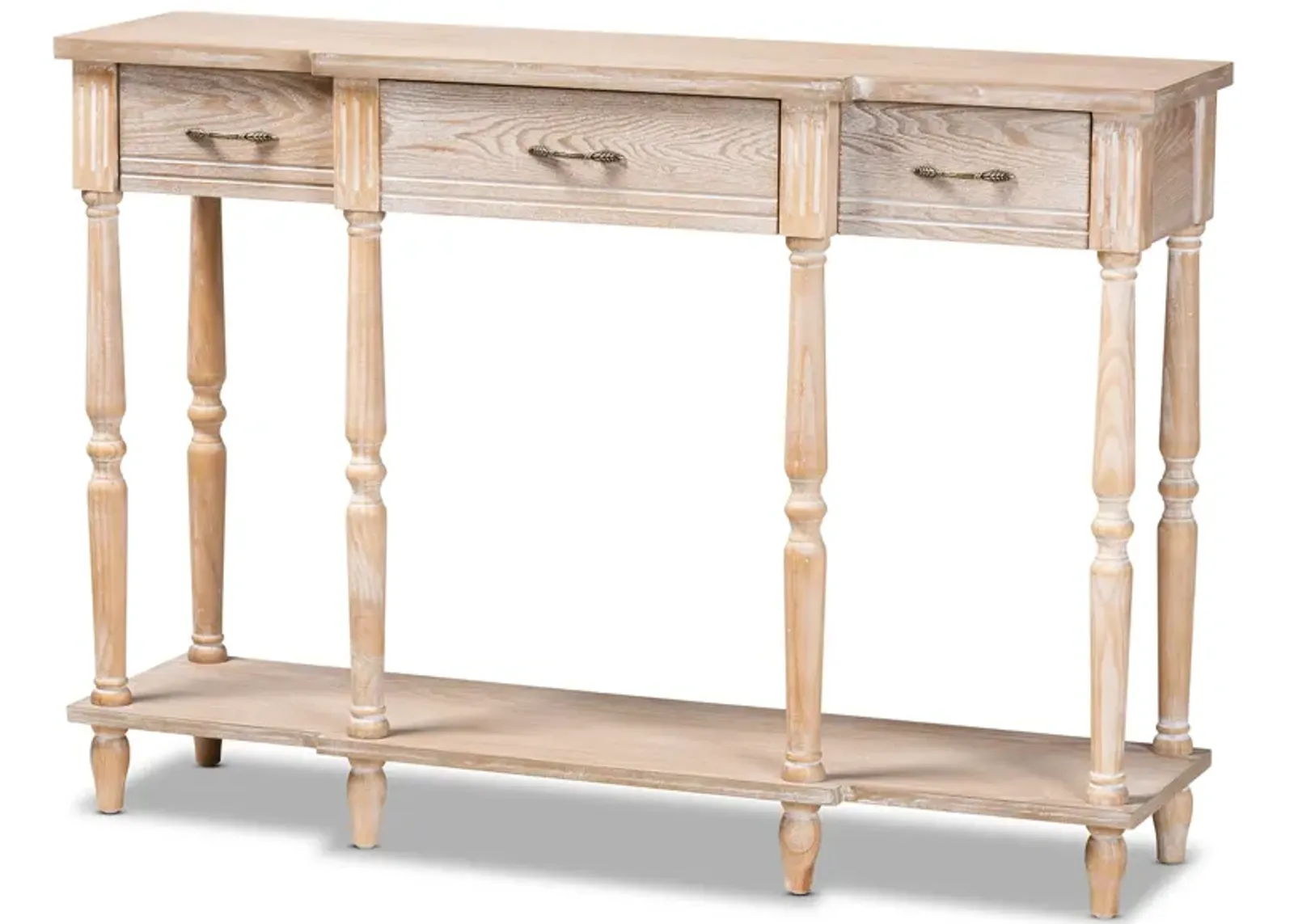 Baxton Studio Hallan Whitewashed Oak Brown Finished Wood 3 Drawer Console Table