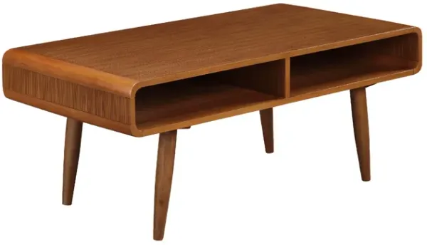 47 Inch Rectangular Rubberwood Coffee Table, 2 Storage Shelves, Walnut Brown-Benzara