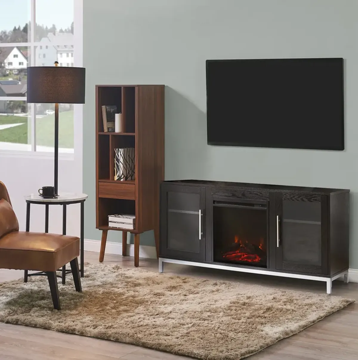 Teamson Home Lainey Modern 54" TV Stand with Electric Fireplace, Black/Silver