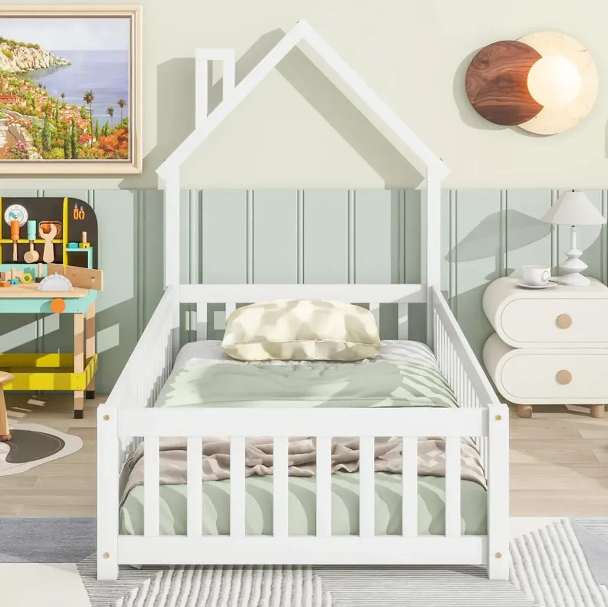 Twin House-Shaped Headboard Floor Bed with Fence, Natural