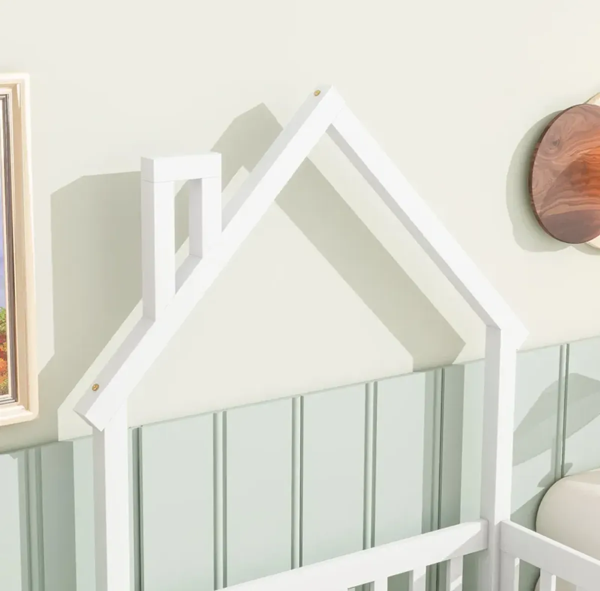 Twin House-Shaped Headboard Floor Bed with Fence, Natural