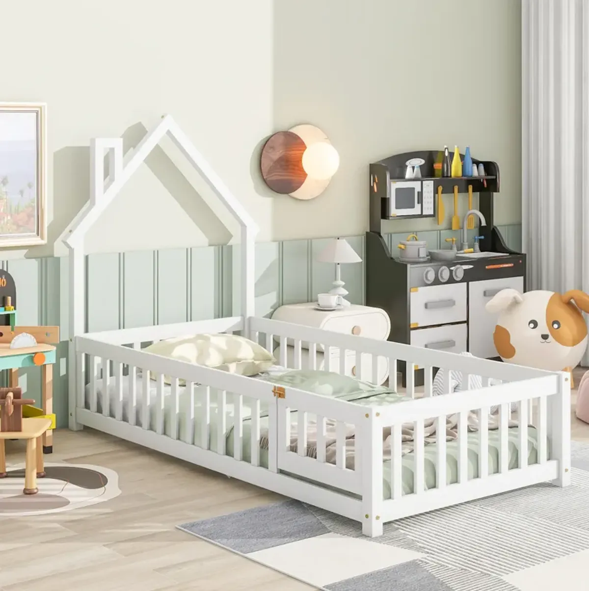 Twin House-Shaped Headboard Floor Bed with Fence, Natural