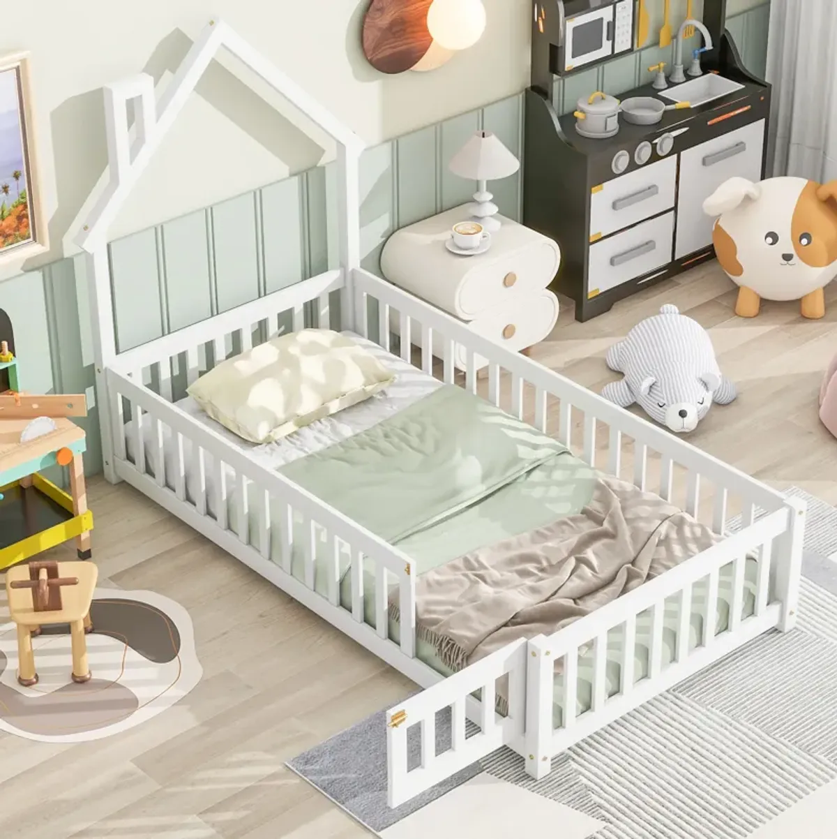 Twin House-Shaped Headboard Floor Bed with Fence, Natural