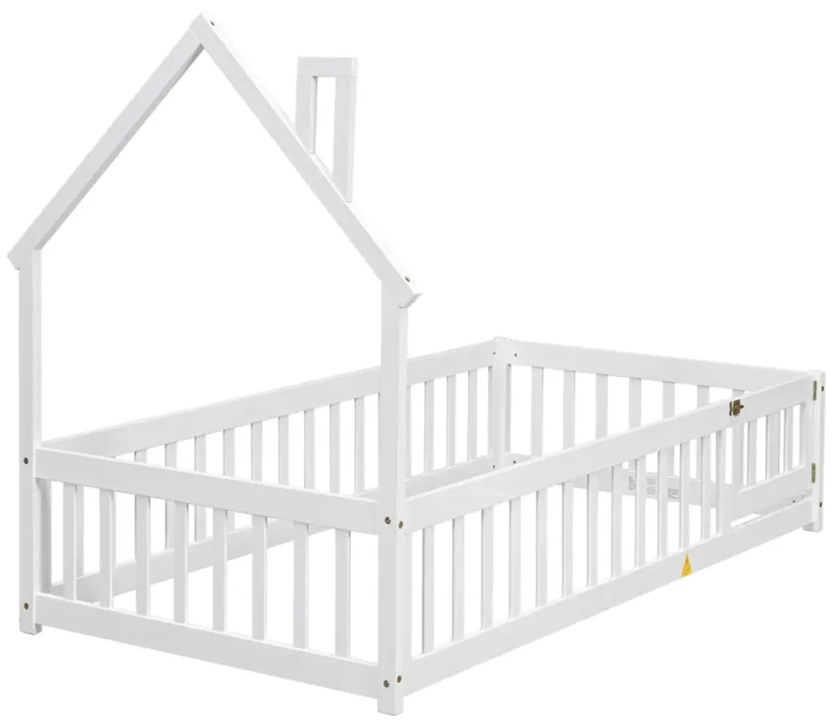 Twin House-Shaped Headboard Floor Bed with Fence, Natural