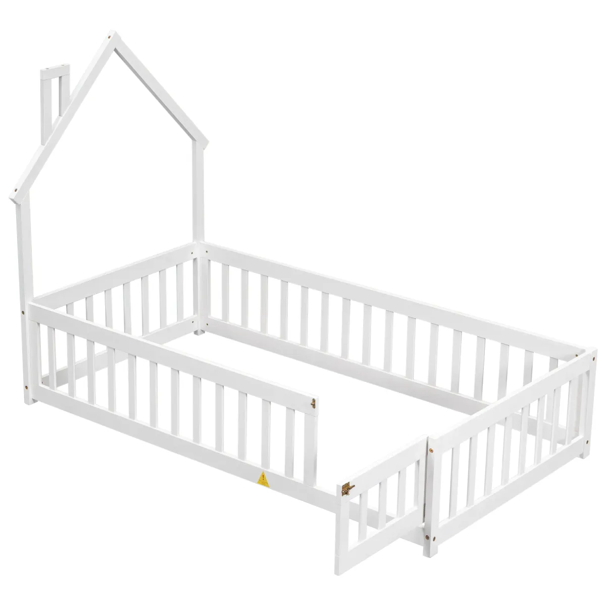 Twin House-Shaped Headboard Floor Bed with Fence, Natural