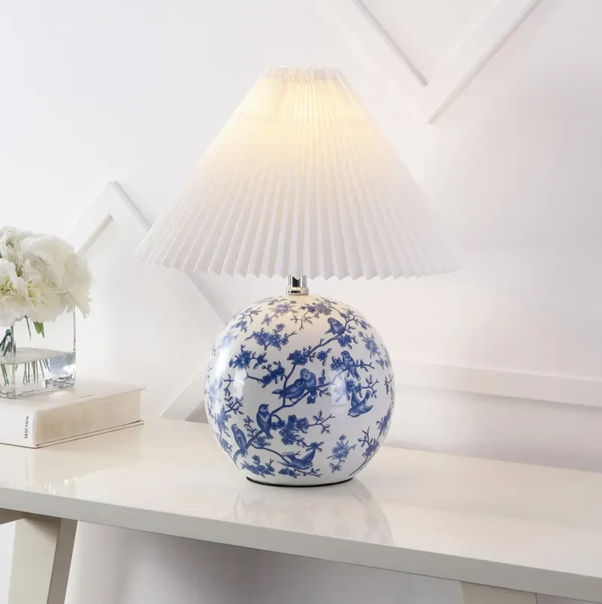 Shishen Cottage Classic Chinoiserie Ceramic Orb LED Table Lamp with Pleated Shade