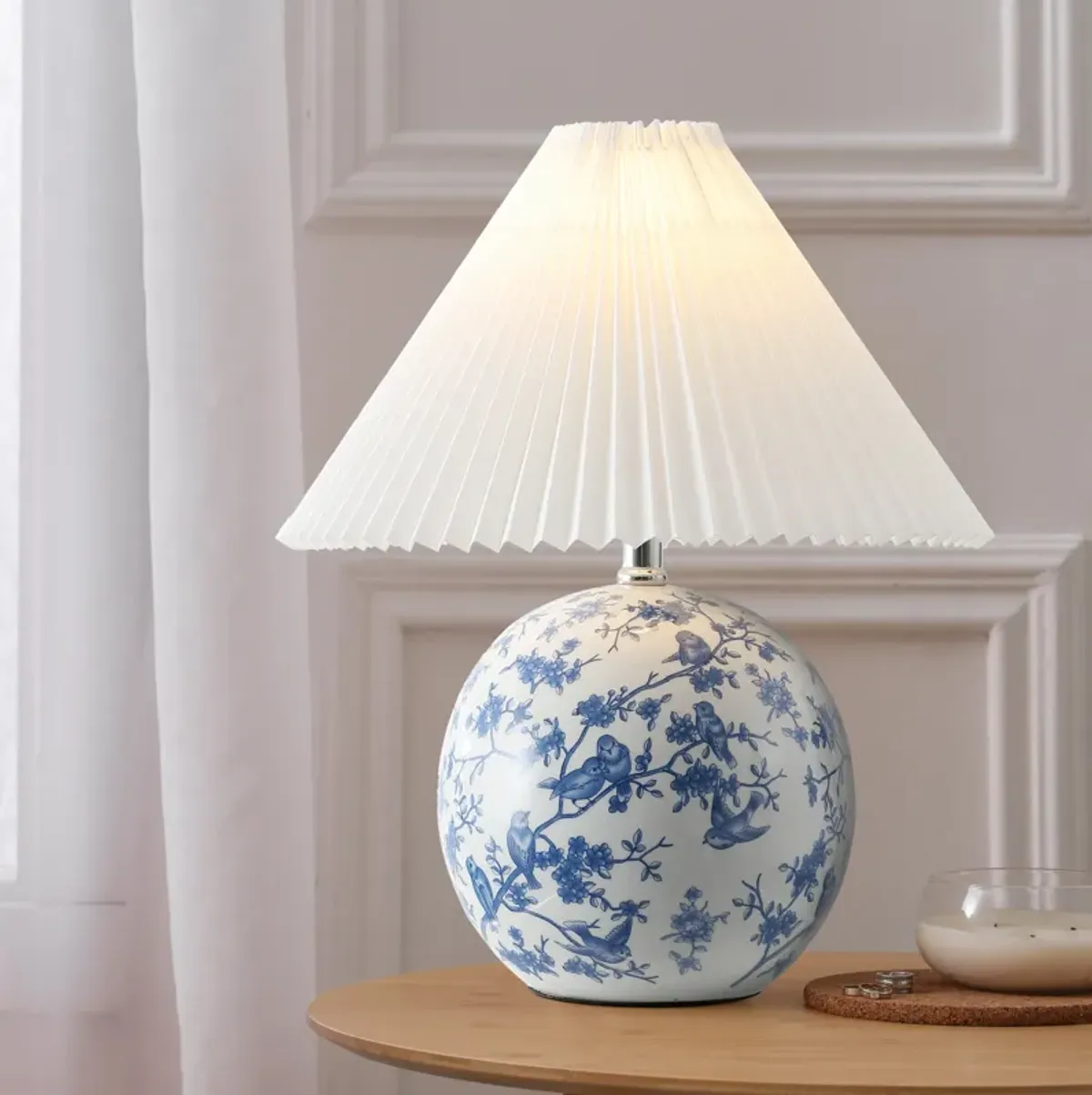 Shishen Cottage Classic Chinoiserie Ceramic Orb LED Table Lamp with Pleated Shade