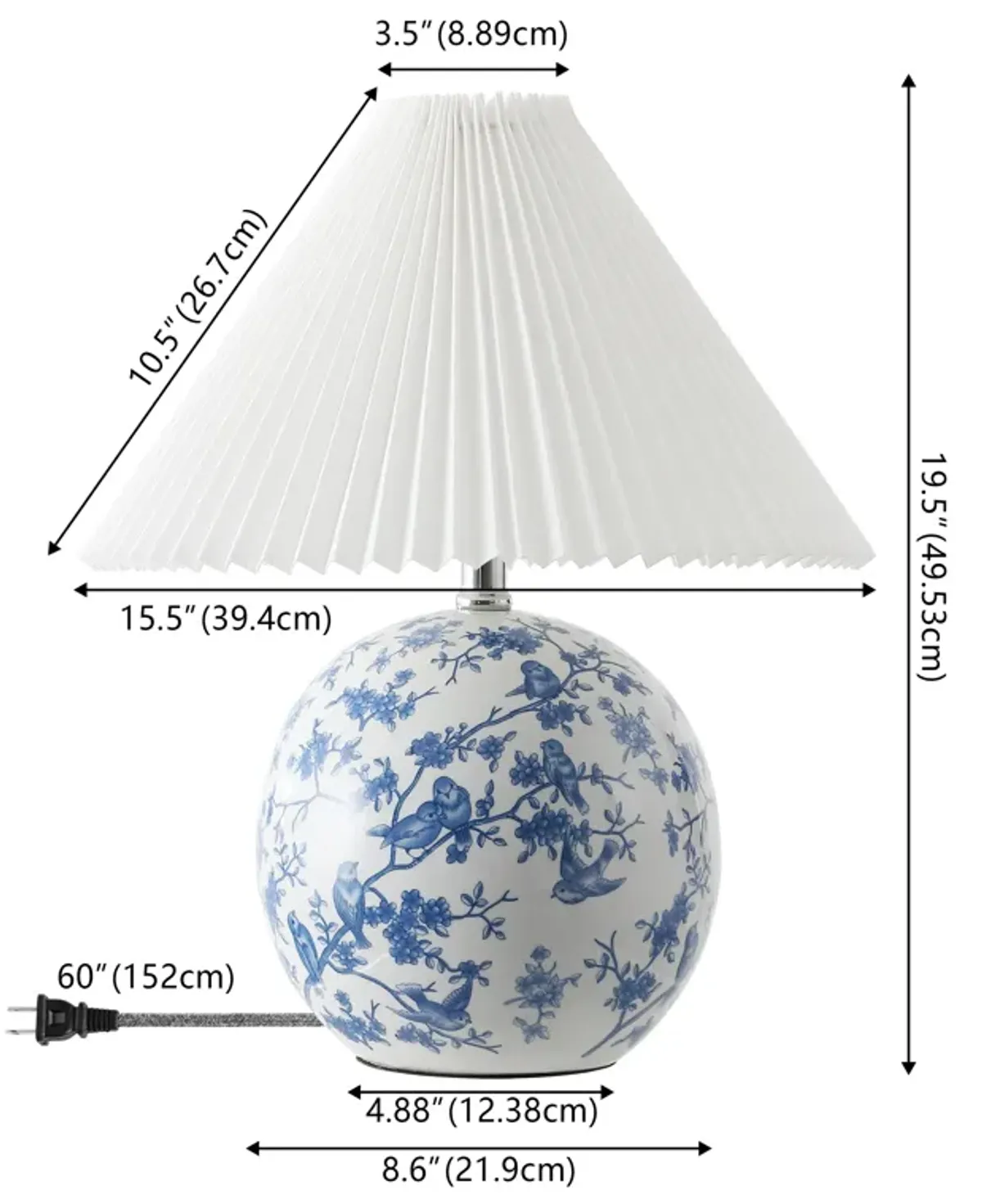 Shishen Cottage Classic Chinoiserie Ceramic Orb LED Table Lamp with Pleated Shade