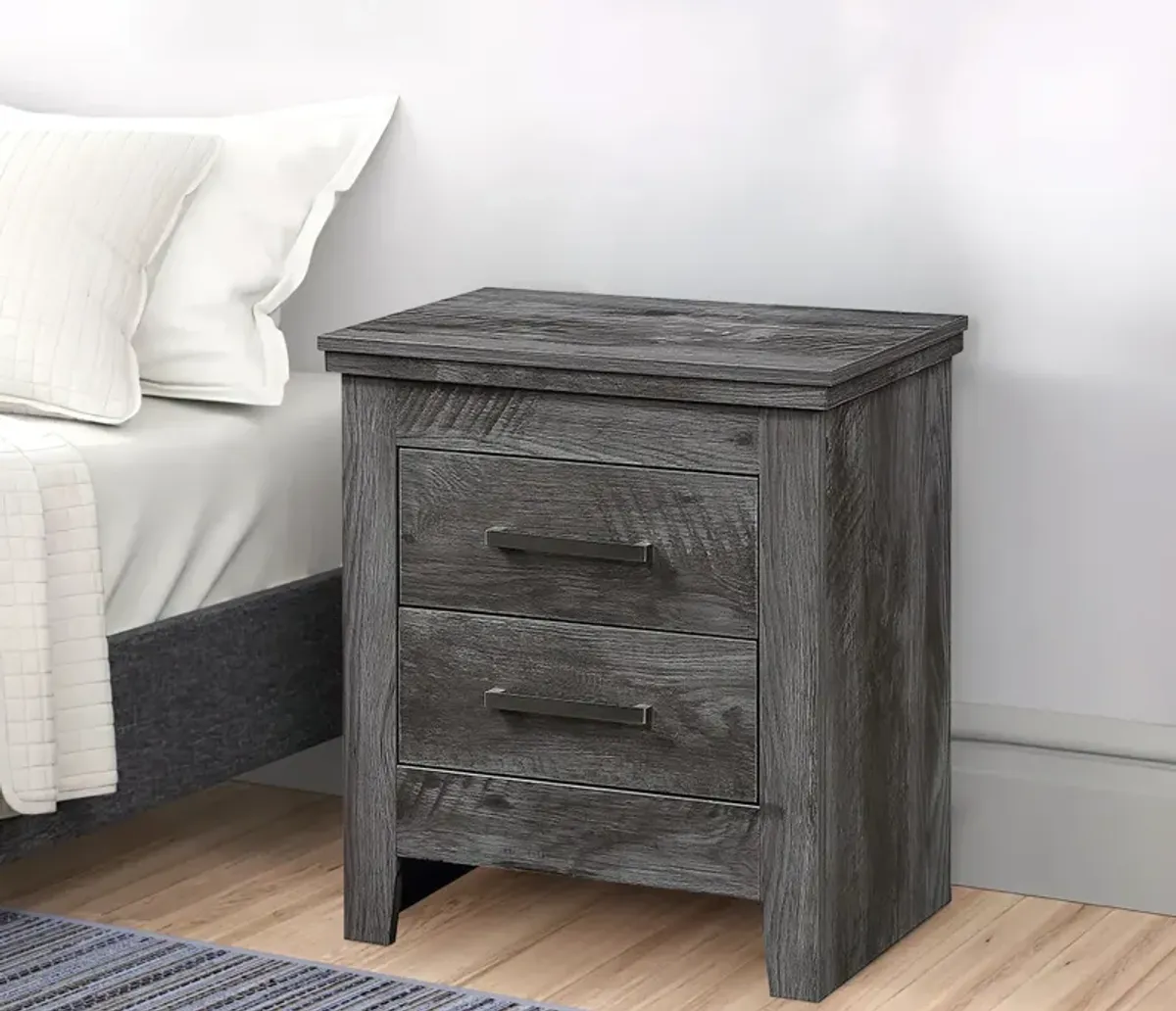 2 Drawer Wooden Nightstand with Metal Bar Pulls, Rustic Gray-Benzara