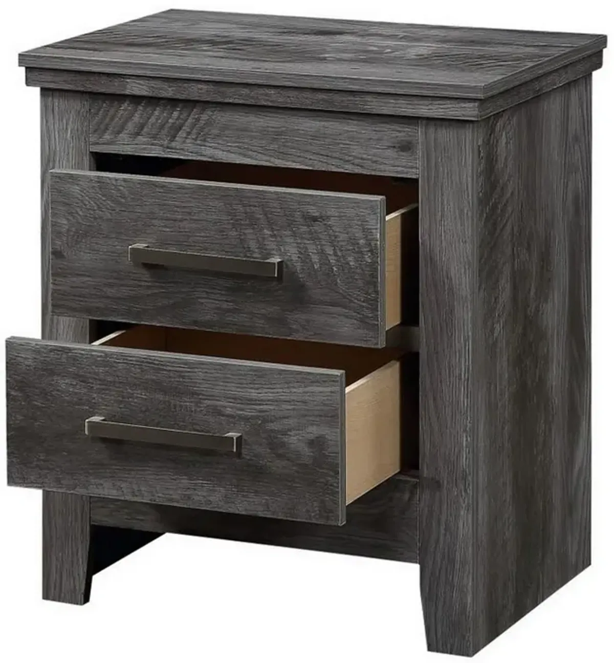 2 Drawer Wooden Nightstand with Metal Bar Pulls, Rustic Gray-Benzara