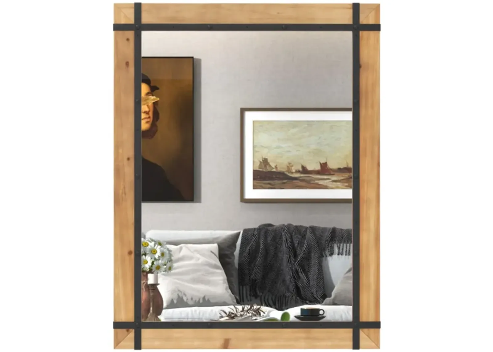 Hivvago 30 x 40 Inch Wall Mounted Mirror with Fir Wood Frame-Natural