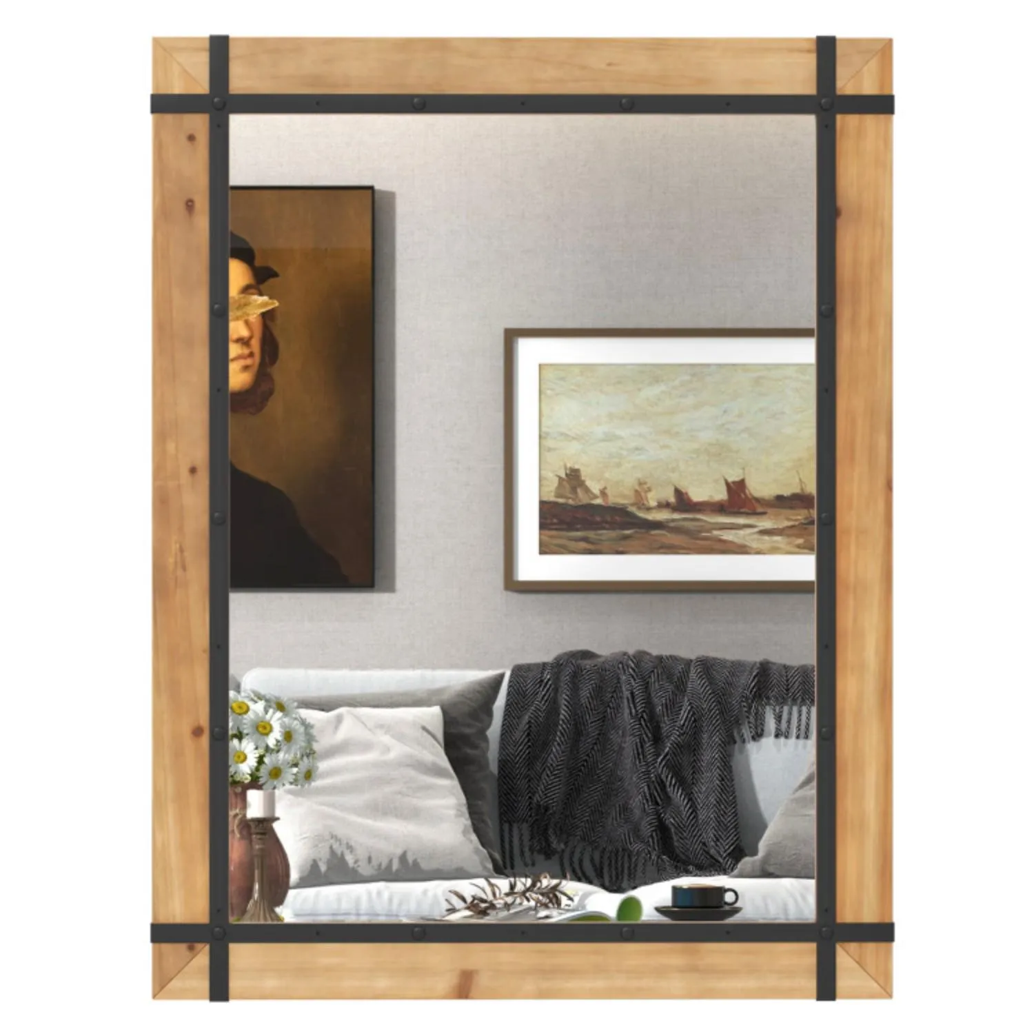 Hivvago 30 x 40 Inch Wall Mounted Mirror with Fir Wood Frame-Natural