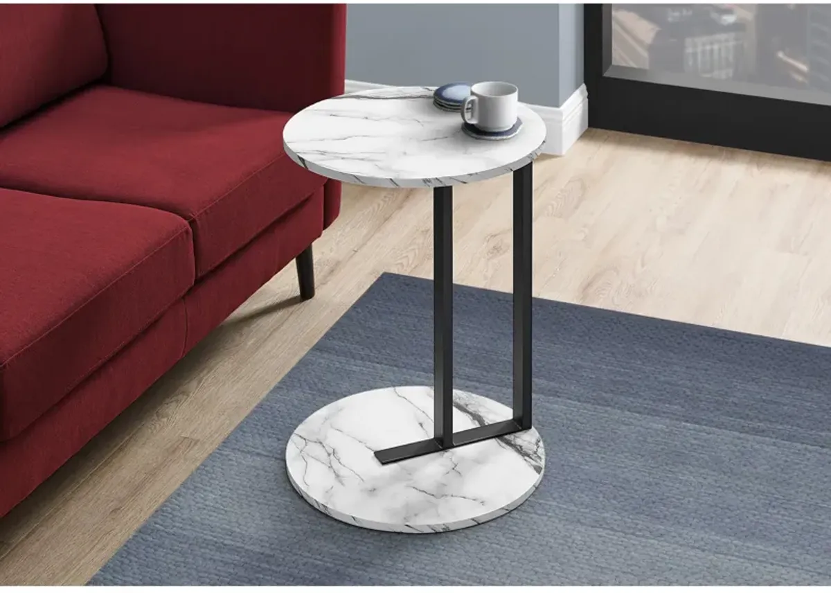 Monarch Specialties I 2210 Accent Table, Side, Round, End, Nightstand, Lamp, Living Room, Bedroom, Metal, Laminate, White Marble Look, Black, Contemporary, Modern