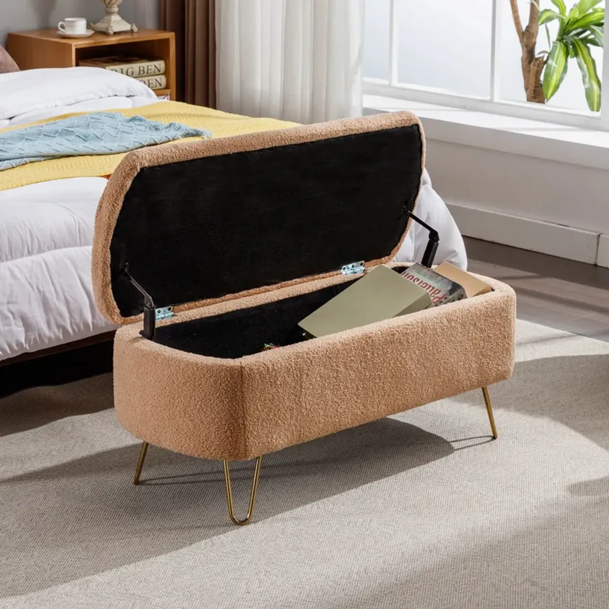 Camel Storage Ottoman Bench For End Of Bed Gold Legs, Modern Camel Faux Fur Entryway Bench