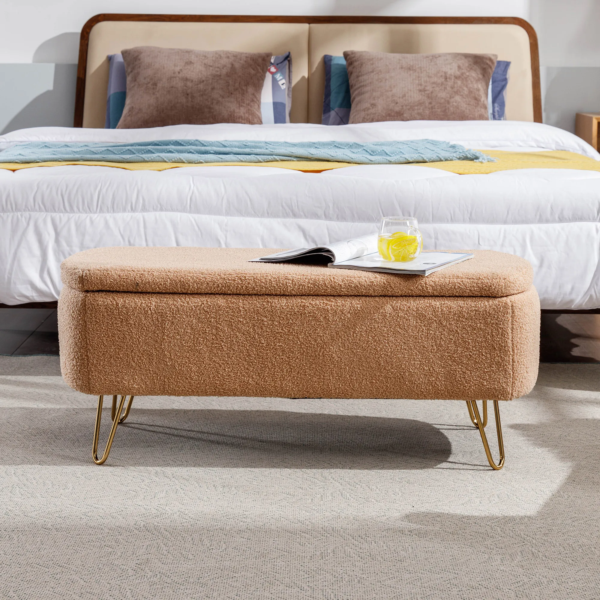 Camel Storage Ottoman Bench For End Of Bed Gold Legs, Modern Camel Faux Fur Entryway Bench