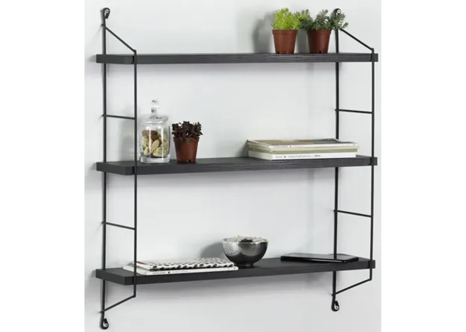 Floating Wall Decor Wall Mounted Rustic Decorative Hanging 3 Tier Metal Bracket Shelf for Books and Collectibles, Black/Black