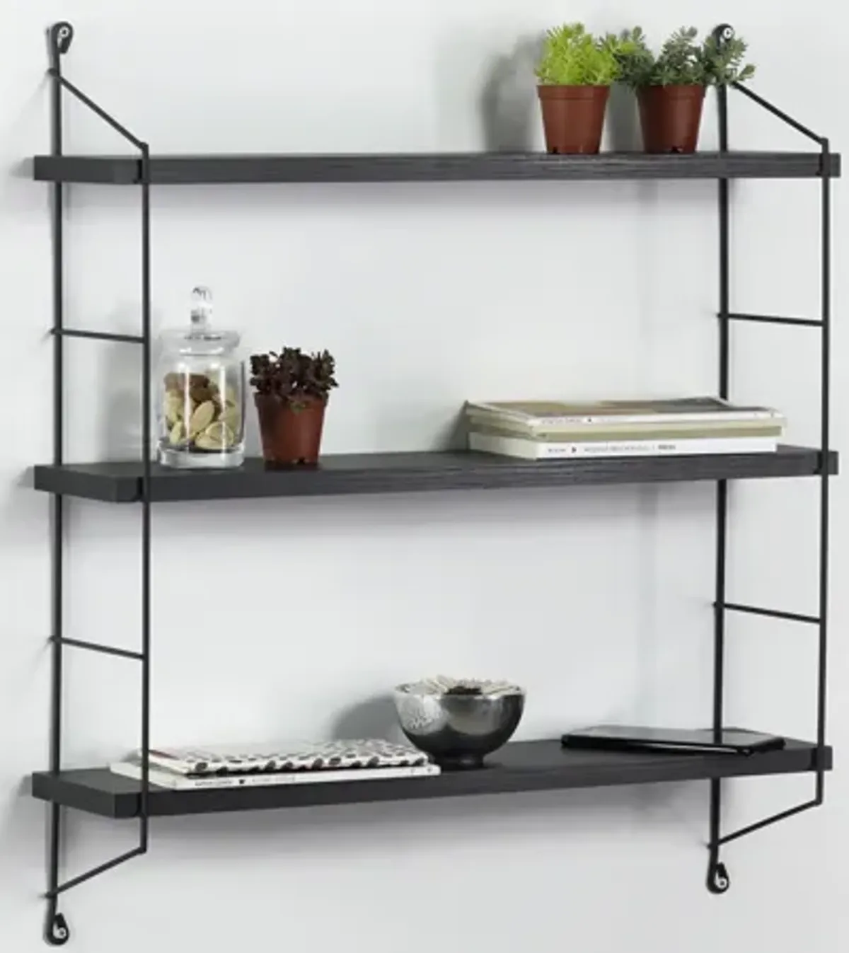 Floating Wall Decor Wall Mounted Rustic Decorative Hanging 3 Tier Metal Bracket Shelf for Books and Collectibles, Black/Black