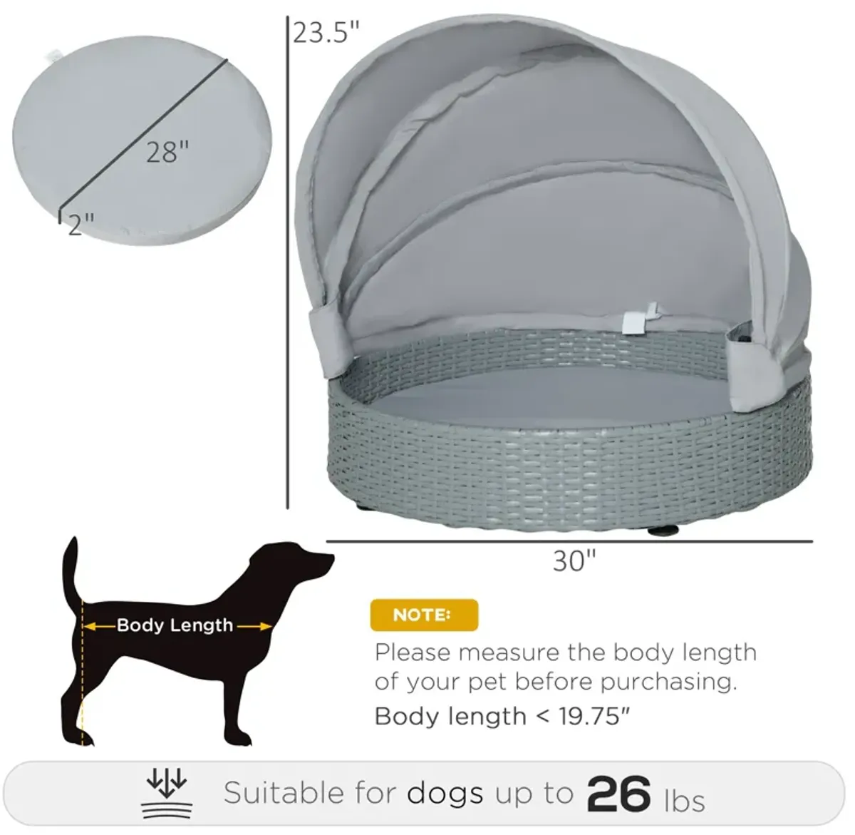 Grey Pet Retreat: Wicker Dog Cave Bed with Canopy for Indoor/Outdoor