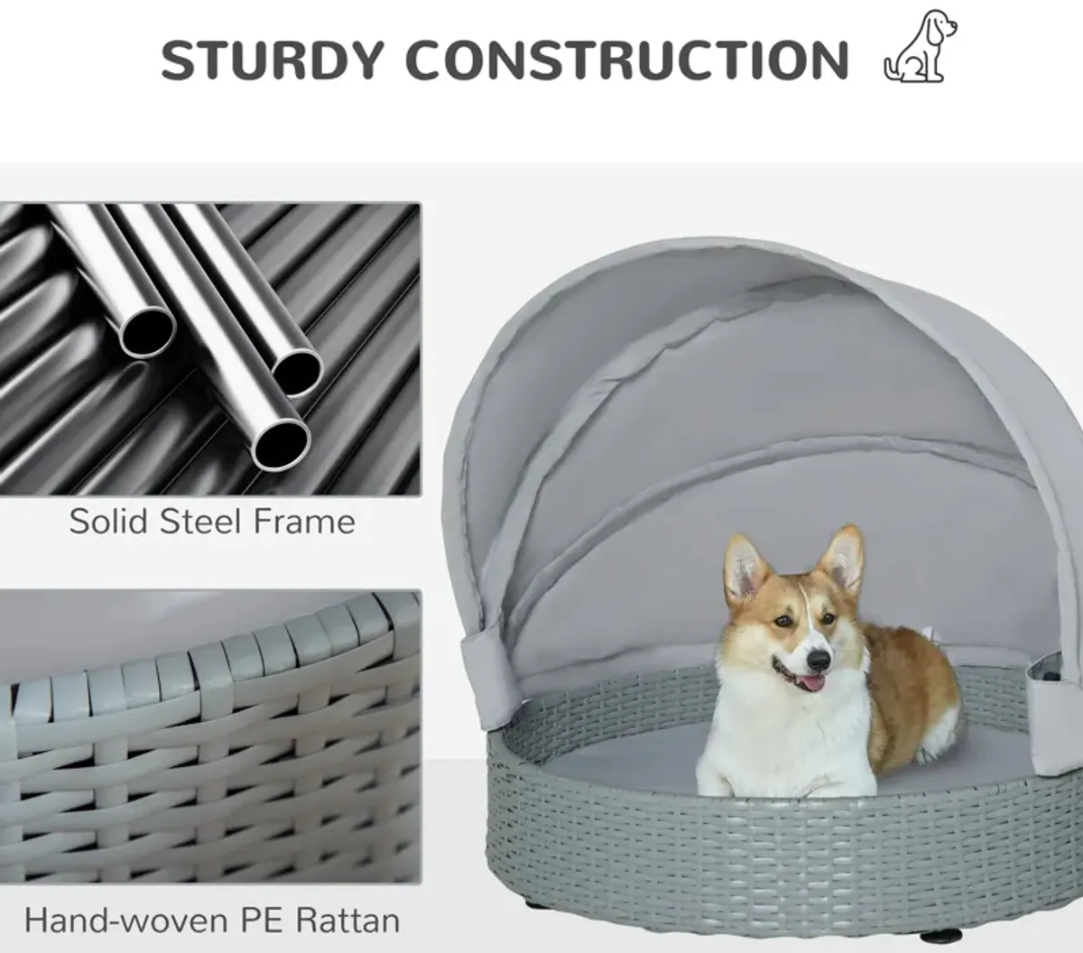 Grey Pet Retreat: Wicker Dog Cave Bed with Canopy for Indoor/Outdoor