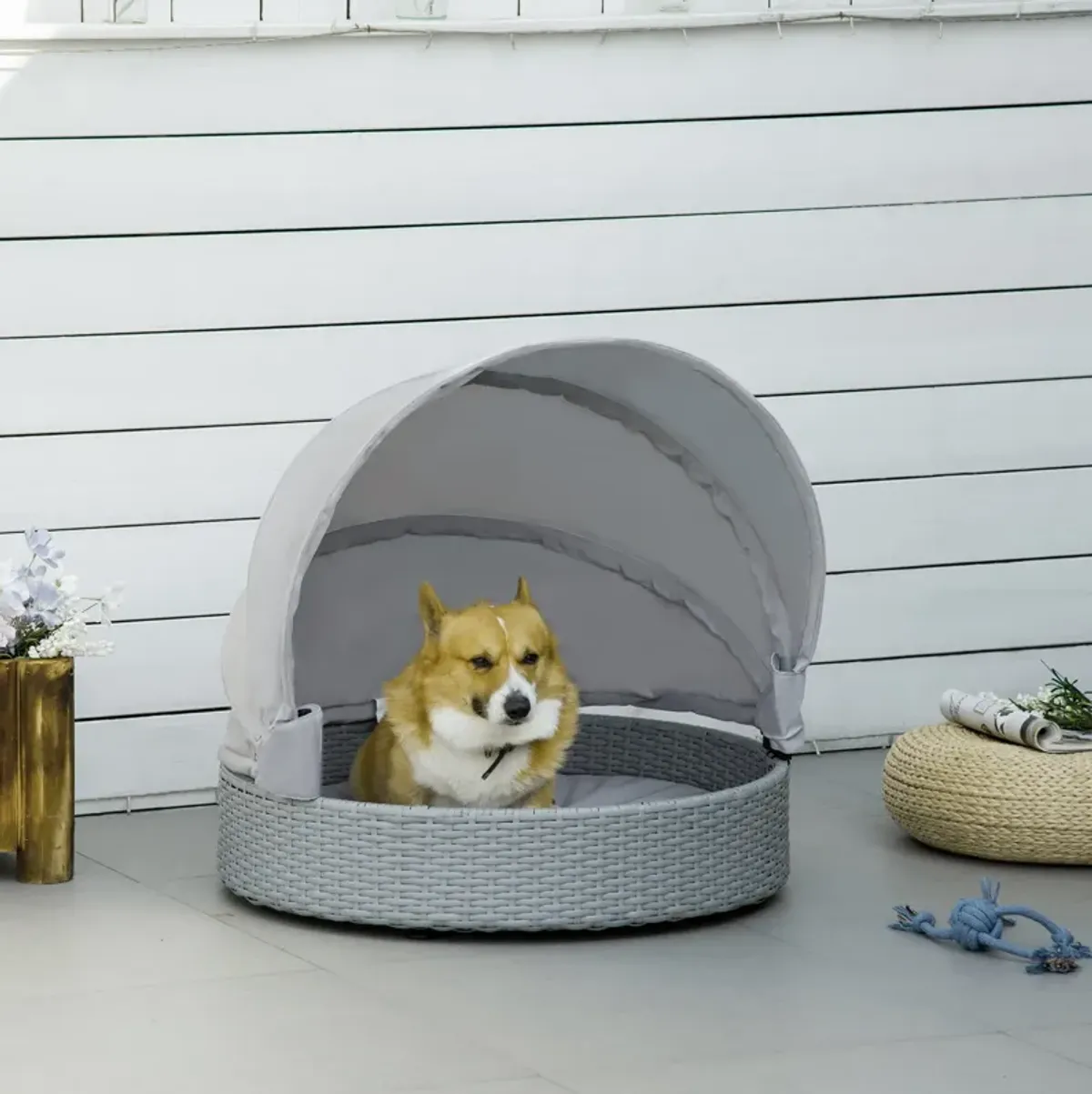 Grey Pet Retreat: Wicker Dog Cave Bed with Canopy for Indoor/Outdoor