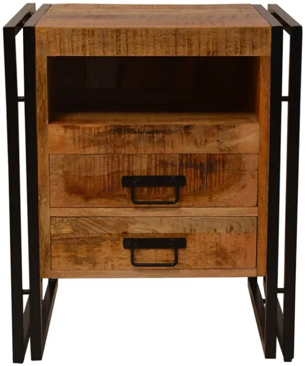 24 Inch 2 Drawer Mango Wood Bedside Table, Open Cubby, Double Sled Style Iron Frame, Brown, Black-Benzara