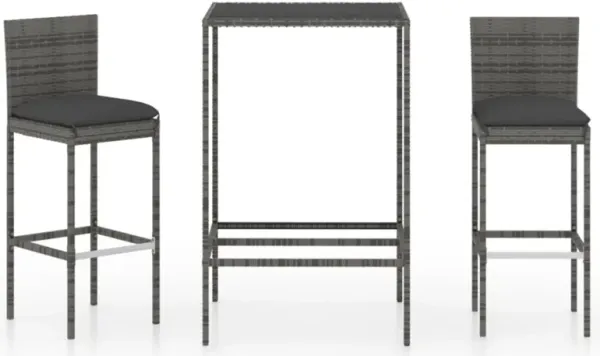 vidaXL 3 Piece Garden Bar Set with Cushions Poly Rattan Gray