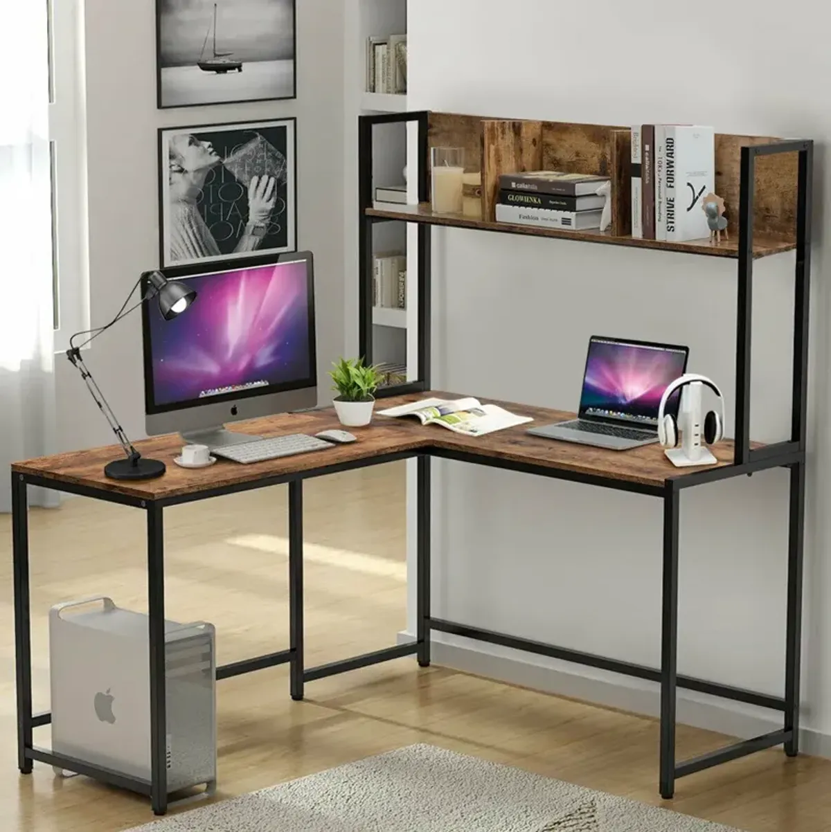 Reversible L-Shaped Corner Desk with Storage Bookshelf