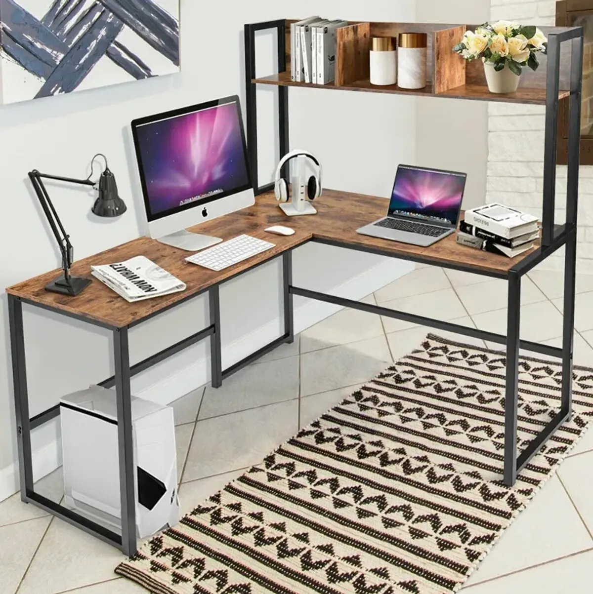 Reversible L-Shaped Corner Desk with Storage Bookshelf