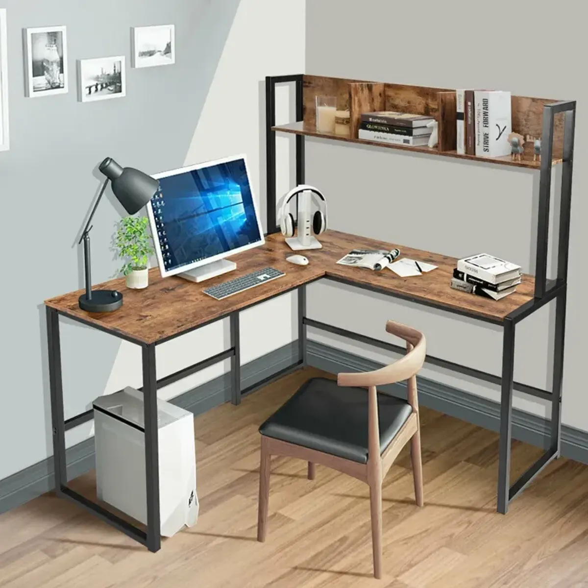 Reversible L-Shaped Corner Desk with Storage Bookshelf