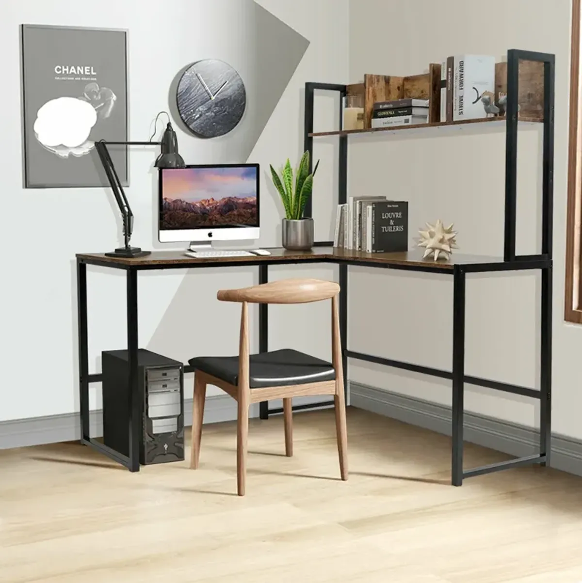 Reversible L-Shaped Corner Desk with Storage Bookshelf