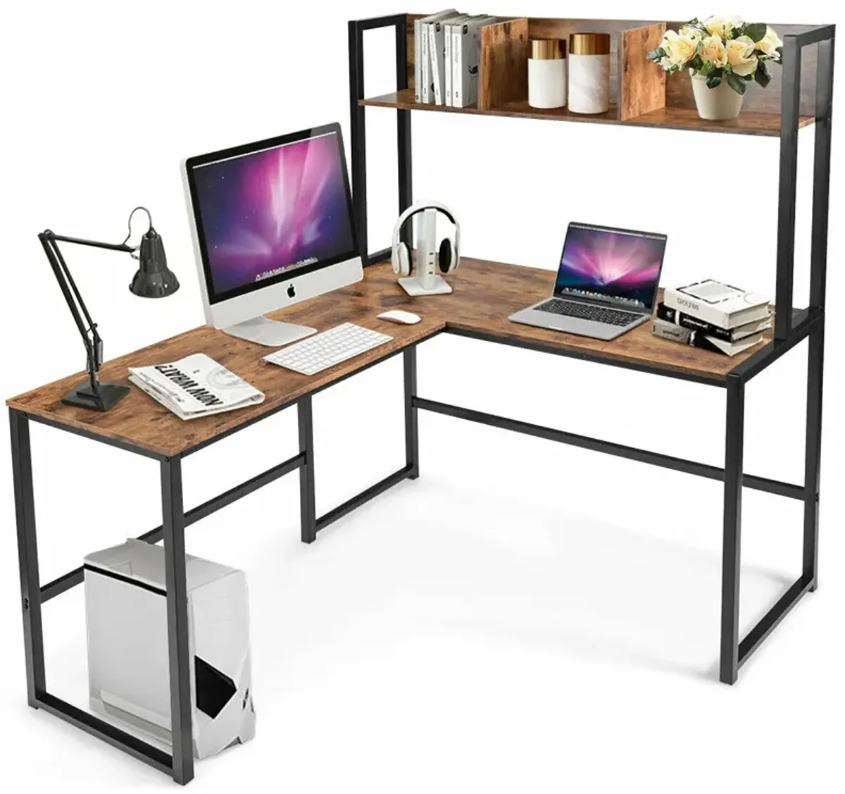 Reversible L-Shaped Corner Desk with Storage Bookshelf