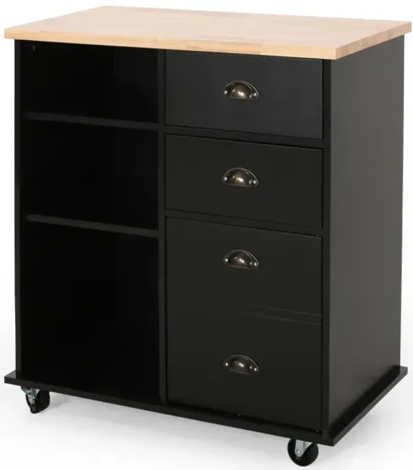 Rolling Kitchen Island Bar Cart w Drawers, Shelves, Brown n Black - Benzara