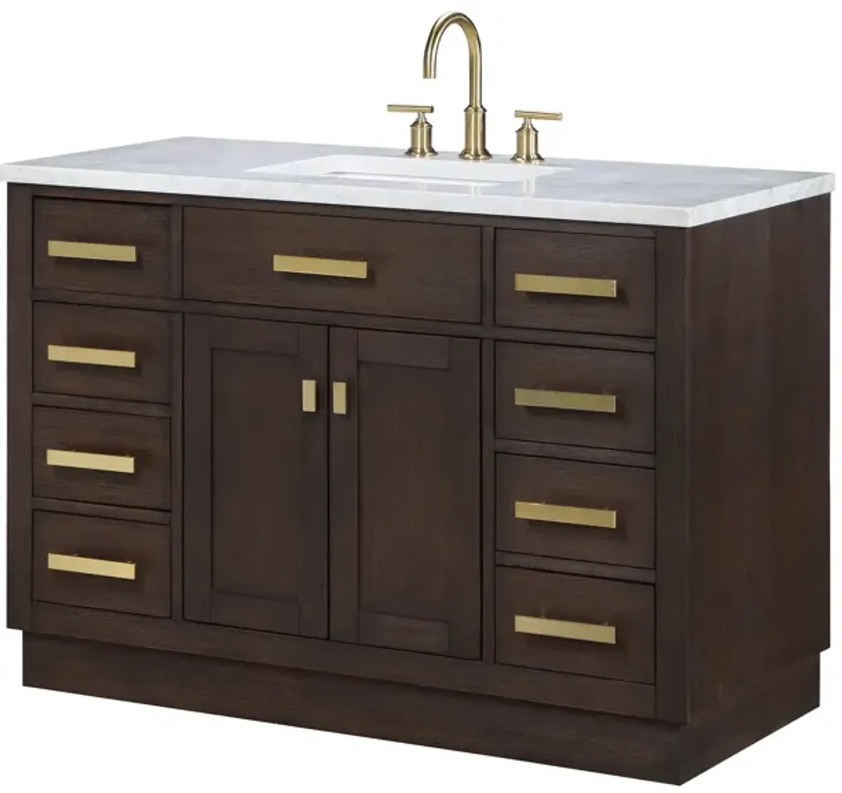 Chestnut 48 In. Single Sink Carrara White Marble Countertop Bath Vanity In Brown Oak with Satin Gold Hardware and Gooseneck Faucet