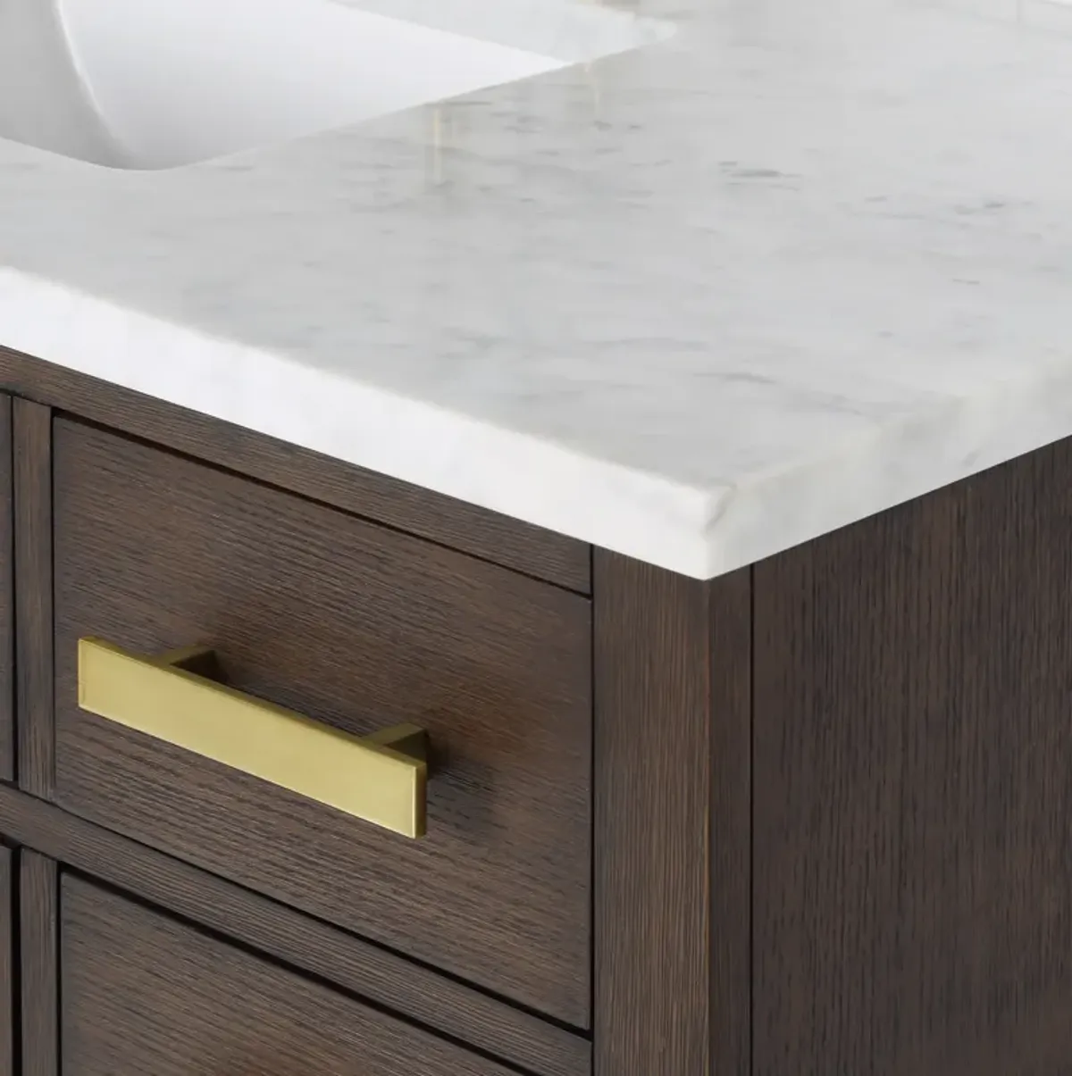 Chestnut 48 In. Single Sink Carrara White Marble Countertop Bath Vanity In Brown Oak with Satin Gold Hardware and Gooseneck Faucet