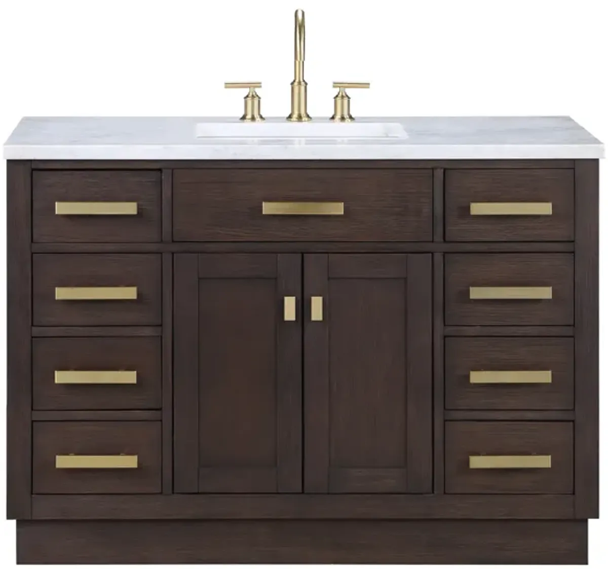 Chestnut 48 In. Single Sink Carrara White Marble Countertop Bath Vanity In Brown Oak with Satin Gold Hardware and Gooseneck Faucet