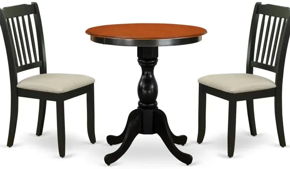 East West Furniture 3-Piece Dining Table Set Include a Wood Table and 2 Linen Fabric Kitchen Chairs with Ladder Back - Black Finish