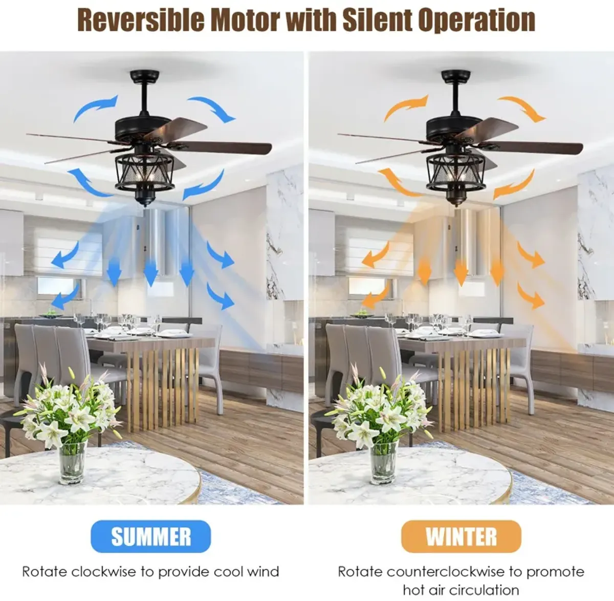 50 Inches Ceiling Fan with Lights Reversible Blades and Pull Chain Control-Black