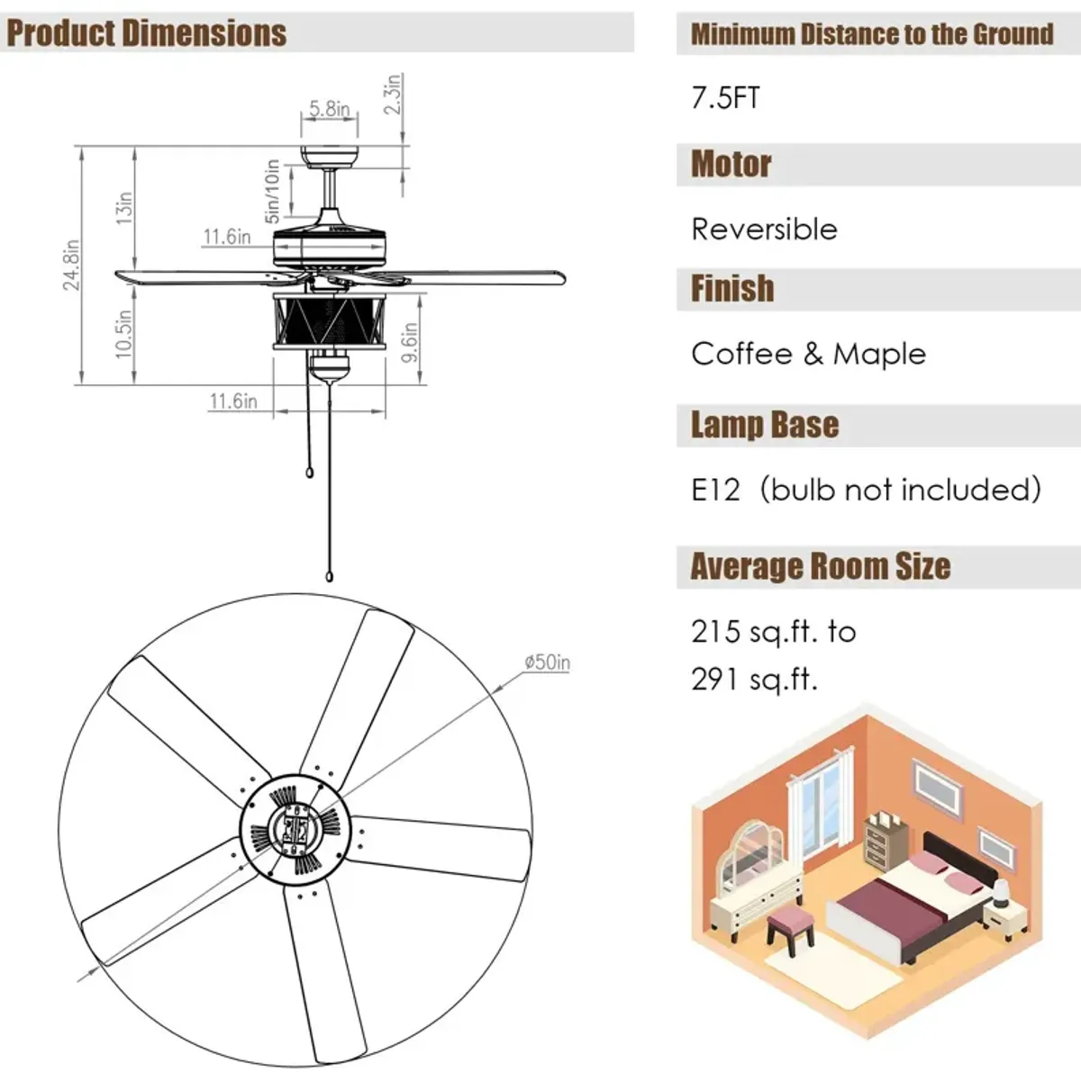 50 Inches Ceiling Fan with Lights Reversible Blades and Pull Chain Control-Black