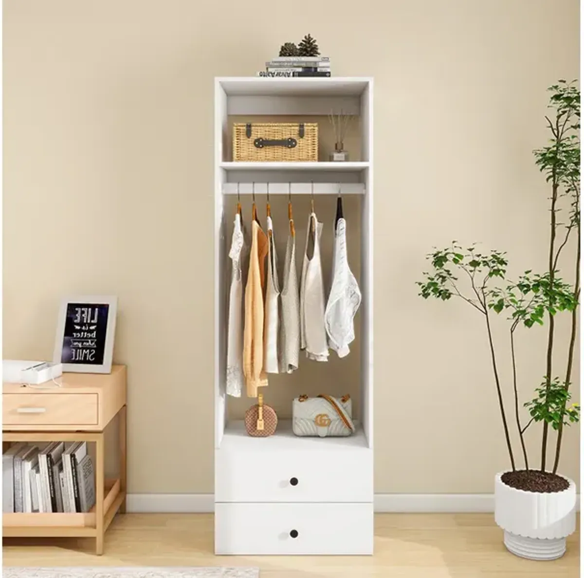 Wooden Wardrobe Closet System with 2 Closet Drawers, Walk-in Closet Organizers and Storage,Clothes Organizer with Closet Shelves,White