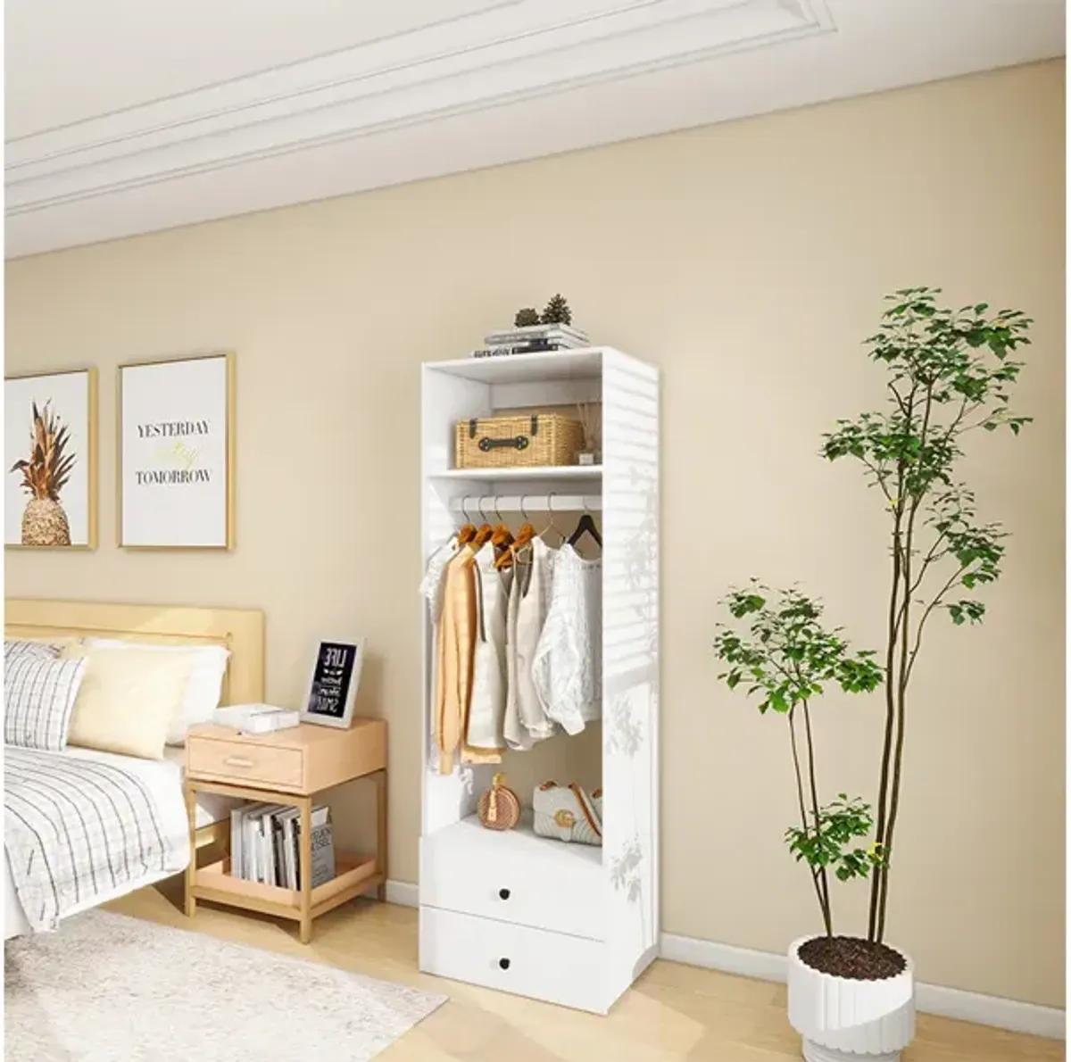 Wooden Wardrobe Closet System with 2 Closet Drawers, Walk-in Closet Organizers and Storage,Clothes Organizer with Closet Shelves,White