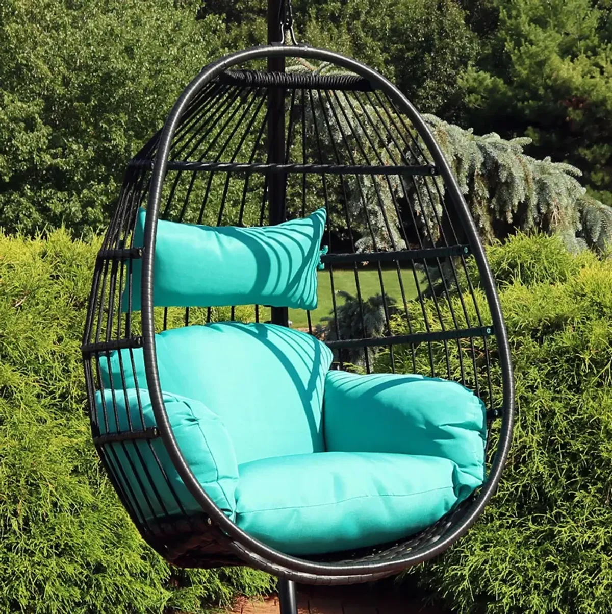 Sunnydaze Black Resin Wicker Hanging Egg Chair with Cushions - Blue