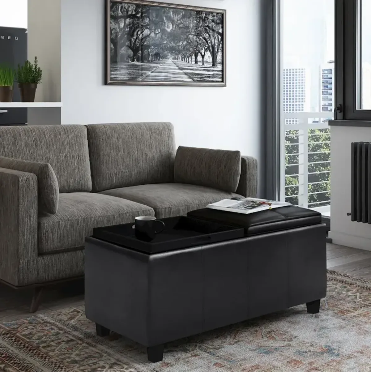 Simpli Home Avalon 2 Tray Storage Ottoman In Midnight Black Vegan Faux Leather