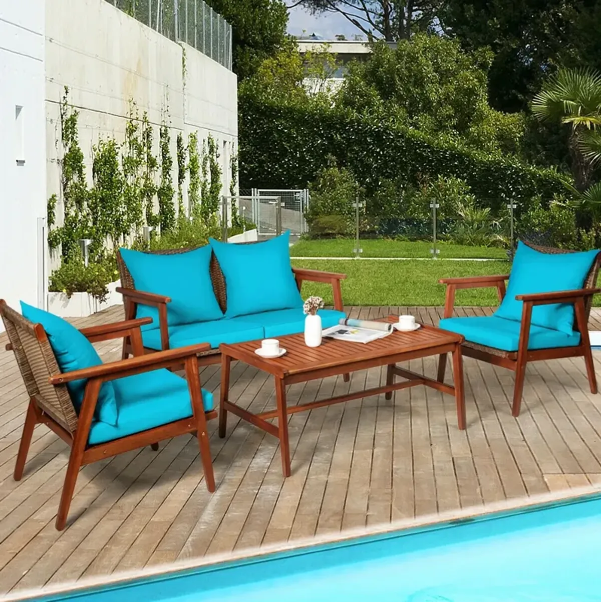 4-Piece Acacia Wood and Rattan Patio Furniture Set for Outdoor Seating