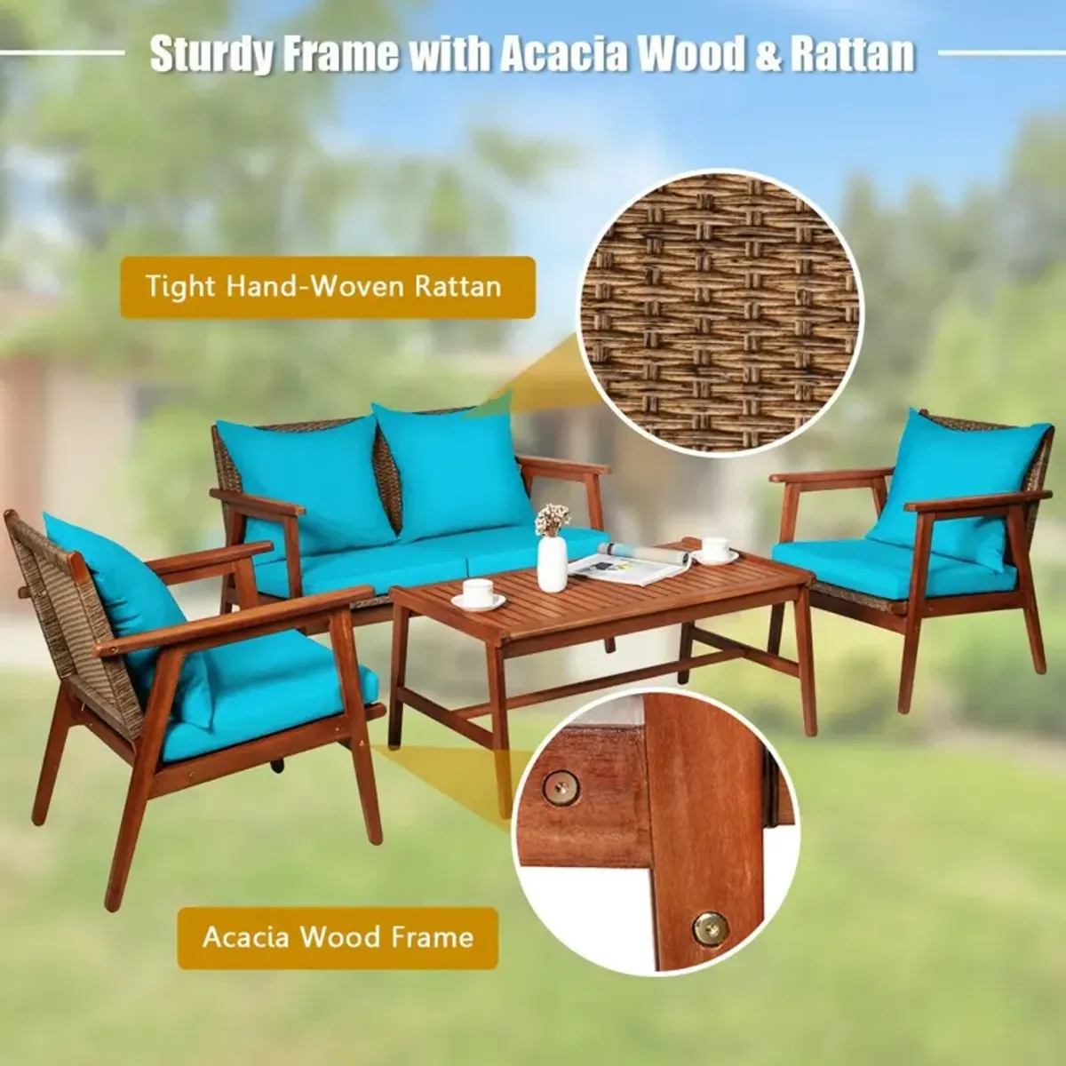 4-Piece Acacia Wood and Rattan Patio Furniture Set for Outdoor Seating