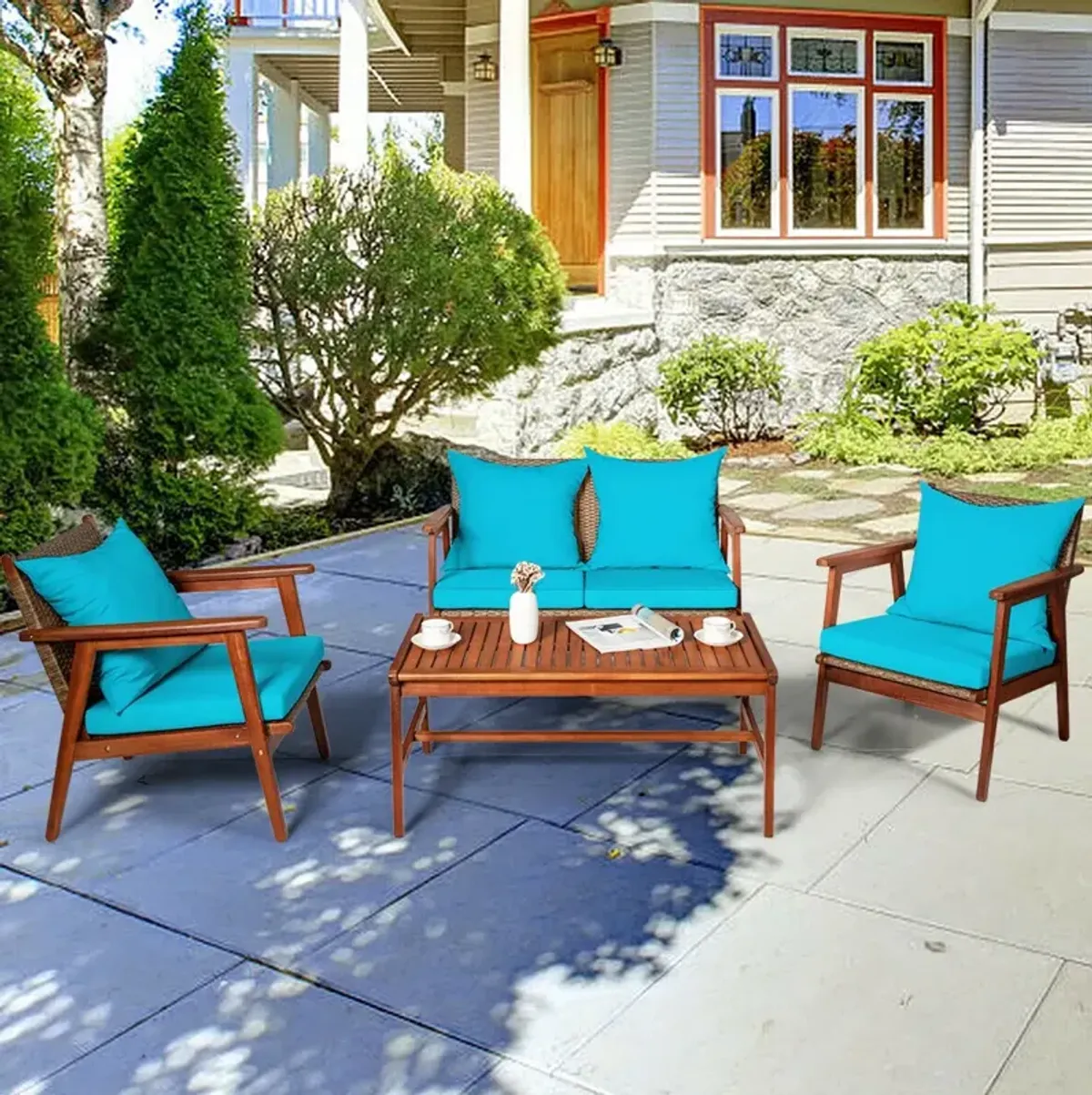 4-Piece Acacia Wood and Rattan Patio Furniture Set for Outdoor Seating