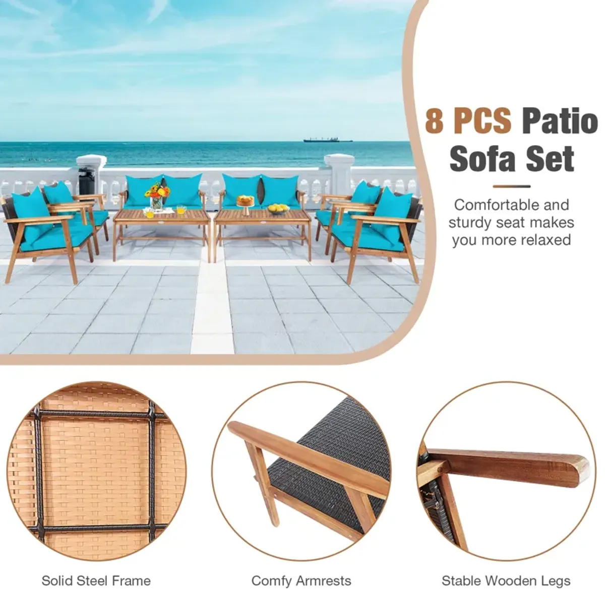 4-Piece Acacia Wood and Rattan Patio Furniture Set for Outdoor Seating