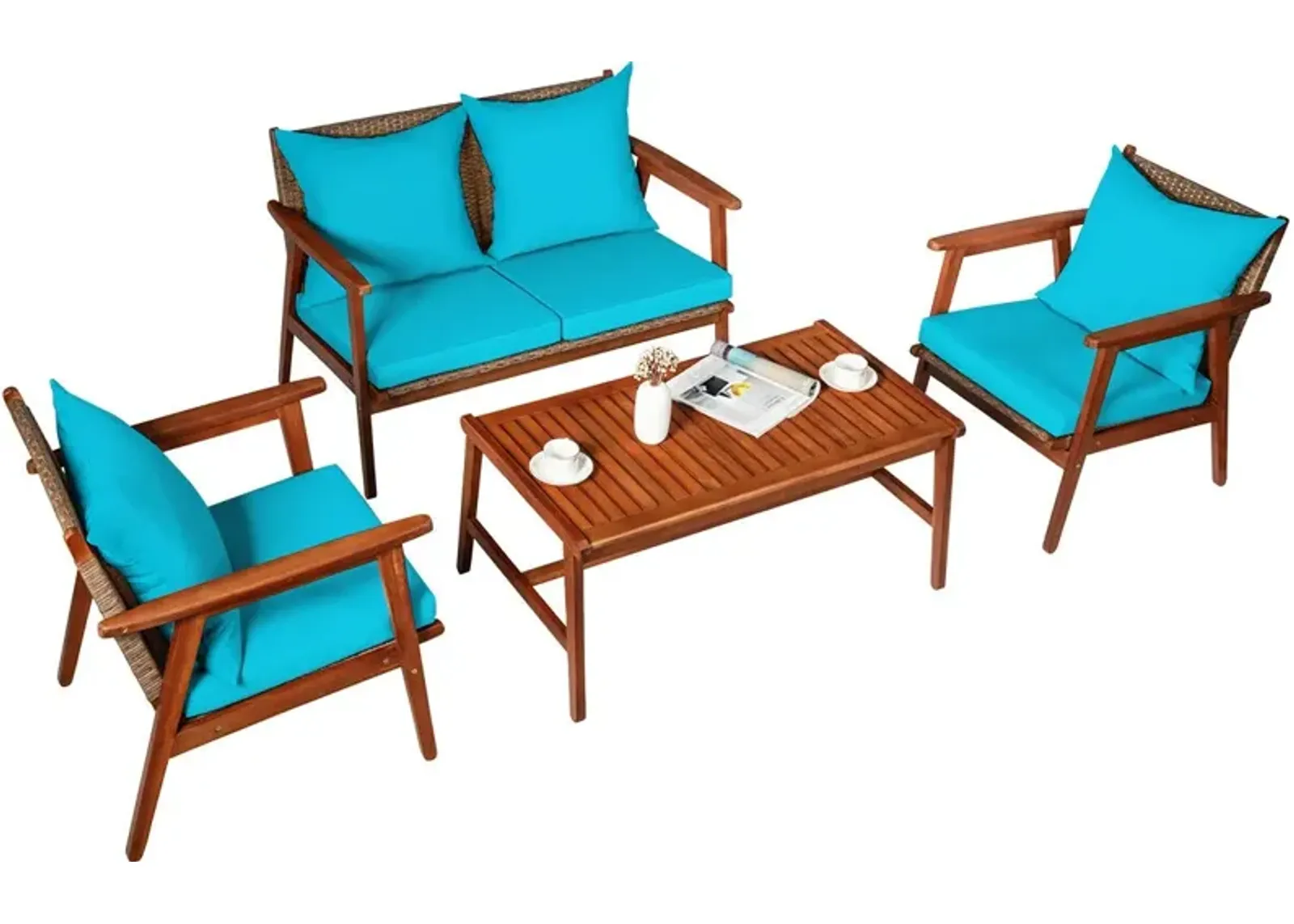 4-Piece Acacia Wood and Rattan Patio Furniture Set for Outdoor Seating